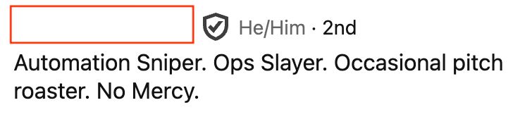 a linked in bio screen-grabbed:
"Automation sniper. Ops Slayer. Occasional pitch roaster. No Mercy.