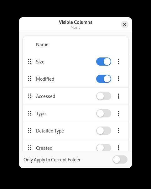 Screenshot of Nautilus columns editor