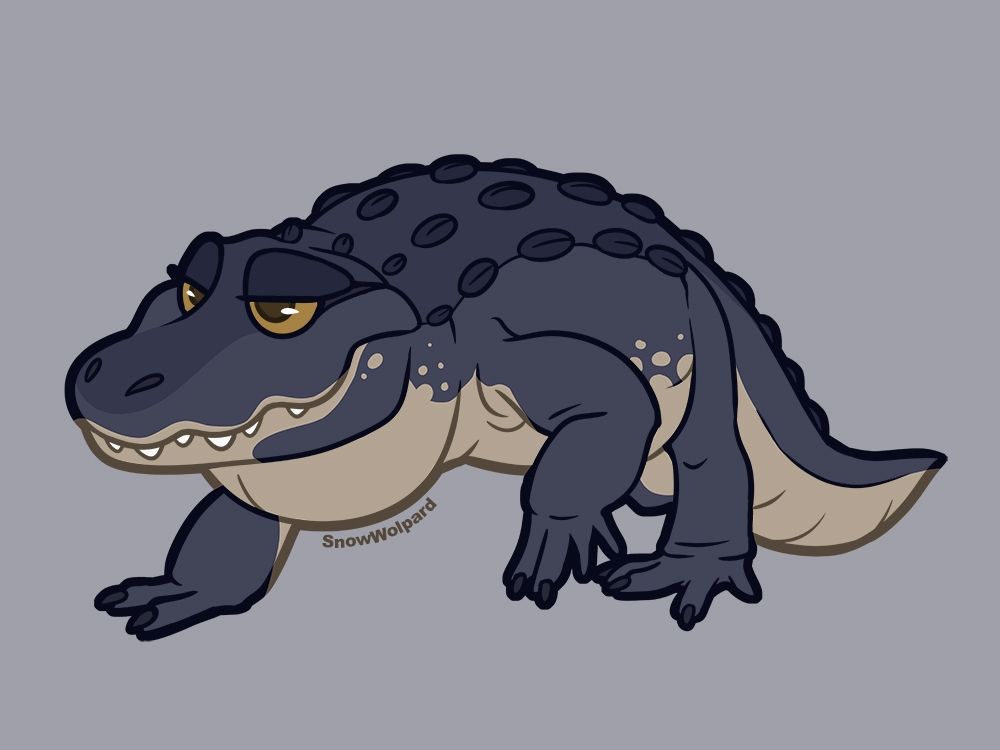 A cartoony drawing of a dark blue Alligator with a tan belly and orange eyes. 