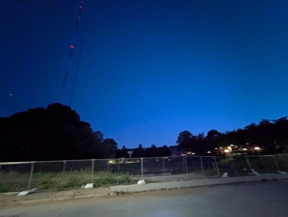 Radio towers at night. 
