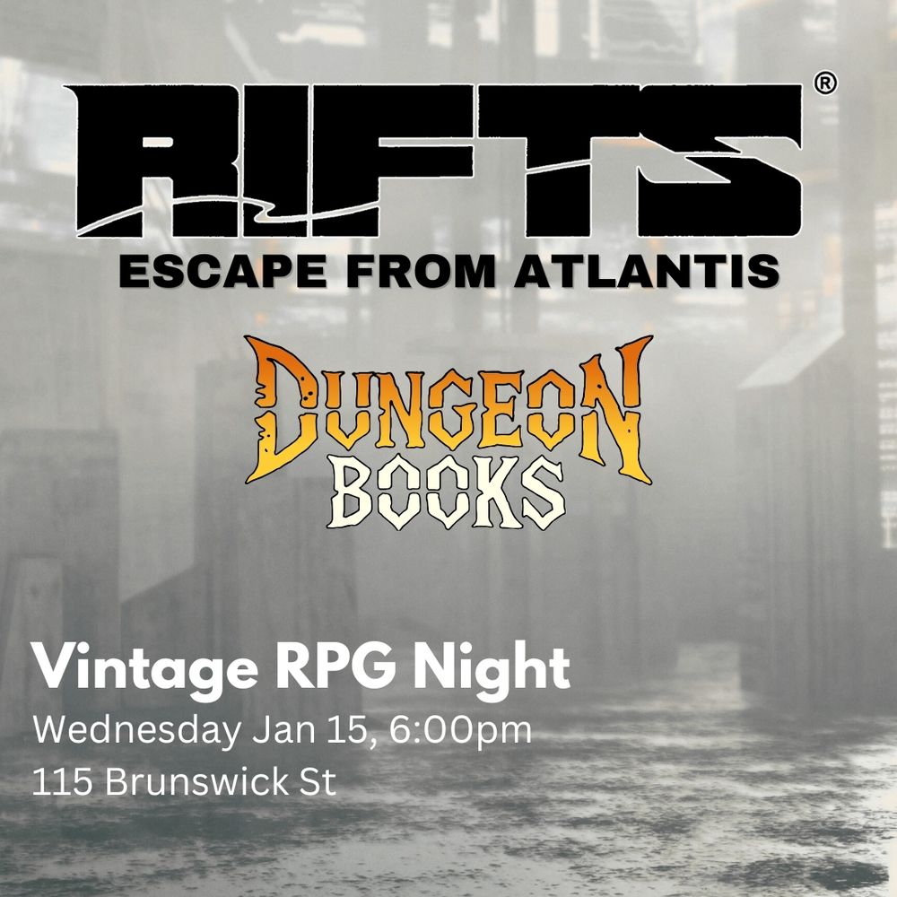 Graphic advertising RPG event for Rifts on January 15th at 6:00pm at Dungeon Books.