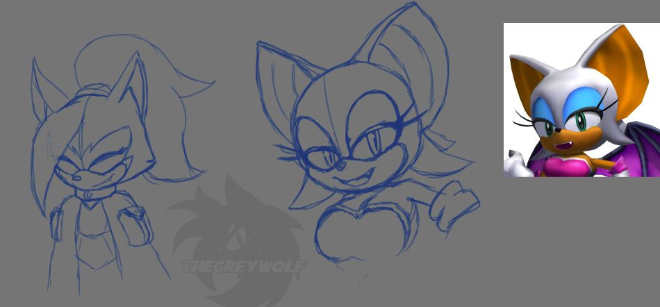 Grey canvas with a sketch of Whisper the Wolf smiling to the left, and a sketch of Rouge the Bat to the right, based on one of the SA2 renders
