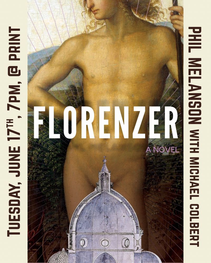 The center of the graphic is the cover of FLORENZER (which features a renaissance painting of a man with a tasteful phallic dome hiding his genitals) and the information from the post in boxes on the sides of the cover.