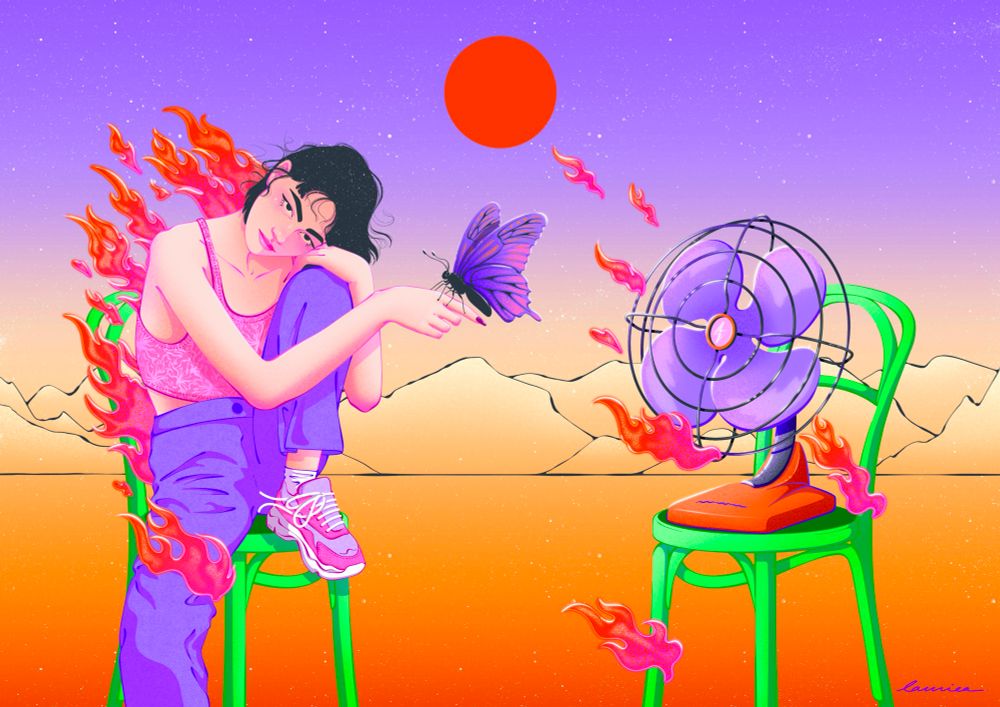 Illustration sur le thème de la canicule. Dans un décors désertique, un personnage tient un papillon en feu devant un ventilateur.