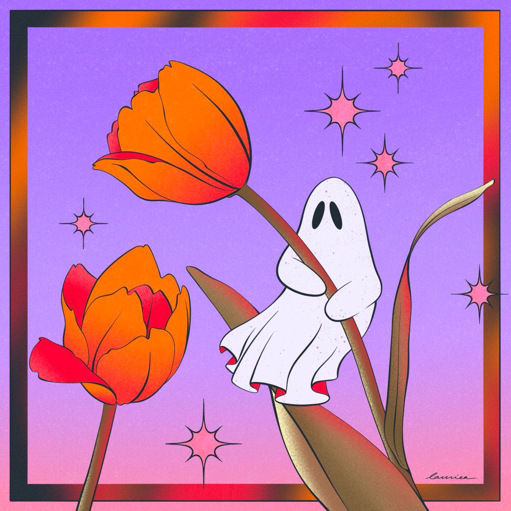 Un petit fantôme entouré de tulipes sur un fond aux couleurs de coucher de soleil.