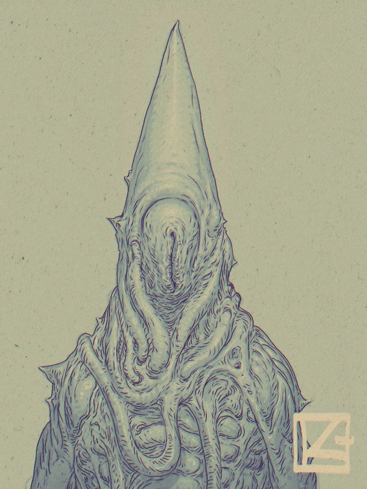 A digital ball point pen drawing of a strange creature. Pope like hat, slit for a face, bio mechanical pipes droop around its neck and chest. Monotone blues and yellows. 