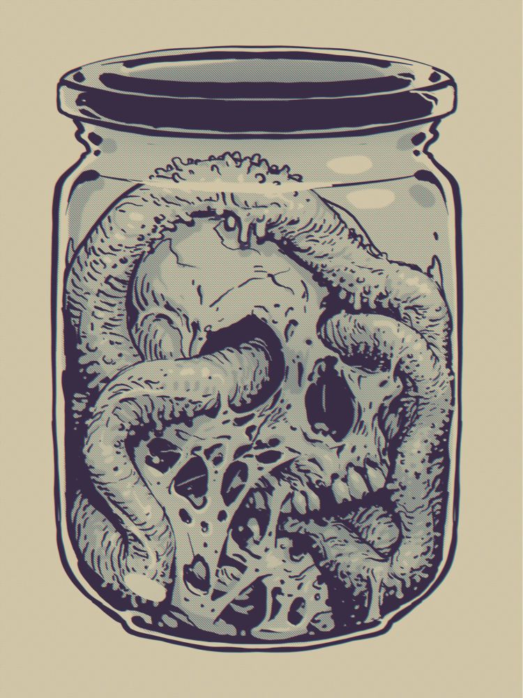 A digital pen illustration of a zombie head in a jar, it’s distended tongue wrapping around its head like a snake