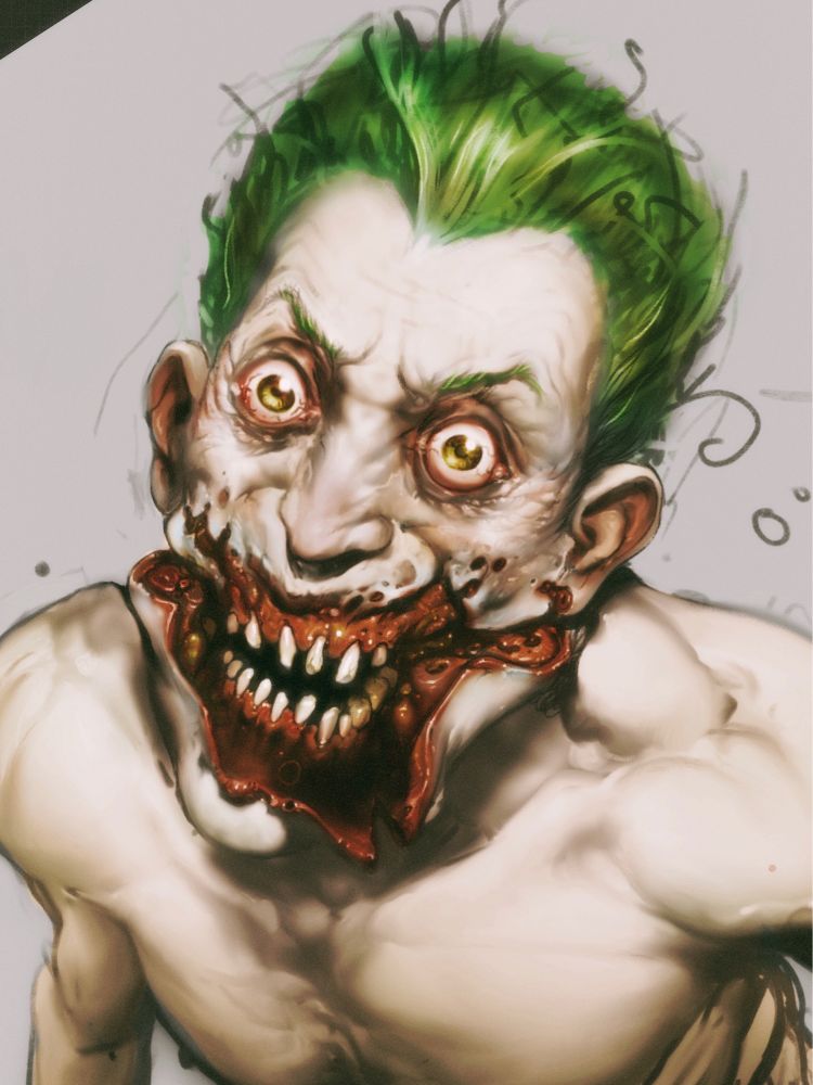 Digital painting of the Joker, his smile cut into his face with a jig saw