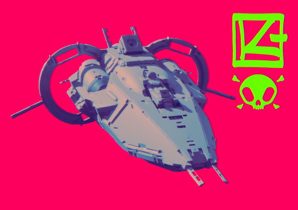 A colorful , kitbashed 3D spaceship. Sculpted in Voxels, rendered in #unreal . Teal on hot pink 