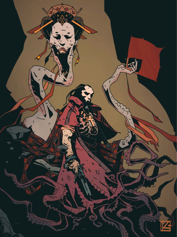 A faux comic cover, illustrated in the style of Mignola . A vampire priest with an old revolver, his robes turning into Tentacles, stands in front of a Yokai