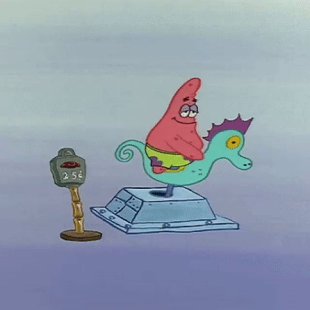 a cartoon of patrick star riding a seahorse next to a parking meter that says 25 cents