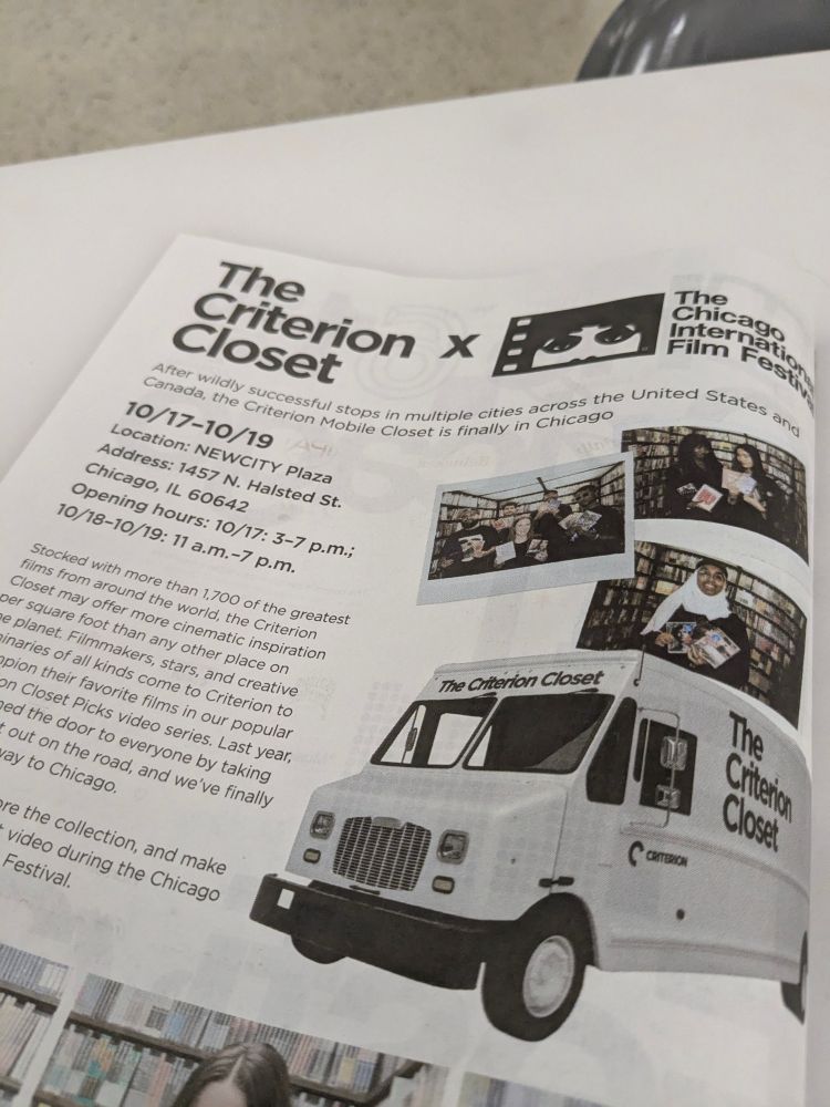 The Criterion Closet at The chicago international film festival, from 10/17 to 10/19, and as of 10/17, going from 3-7pm.