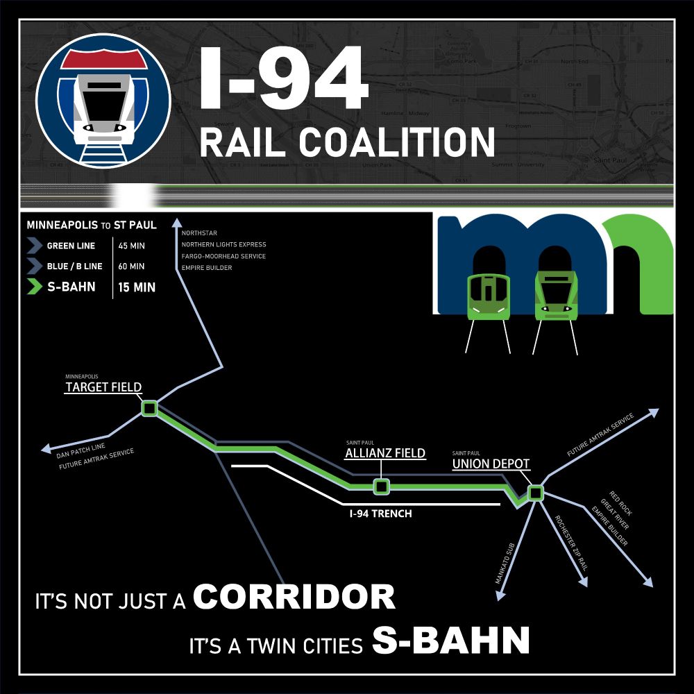 Hypothetical map depicting a heavy rail corridor in the I-94 trench, thereby connecting Minneapolis Target Field and St. Paul Union Depot and allowing throughrunning service for all current and future regional routes