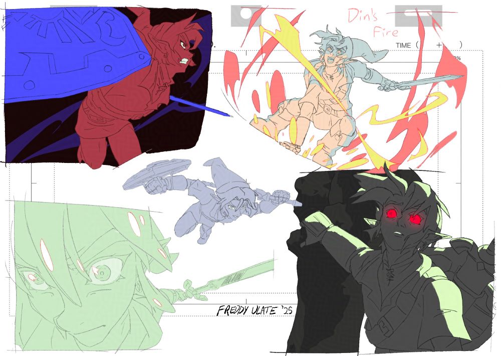 Various action poses of Link and Dark Link from Legend of Zelda Ocarina of Time.