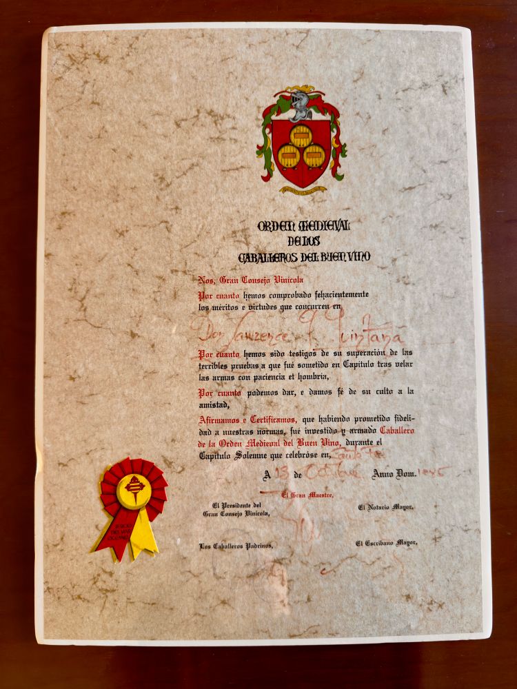 Certificate of knighthood into the Medieval Order of the Knights of Good Wine - Orden Medieval de Los Caballeros de Buen Vino from 1985. 