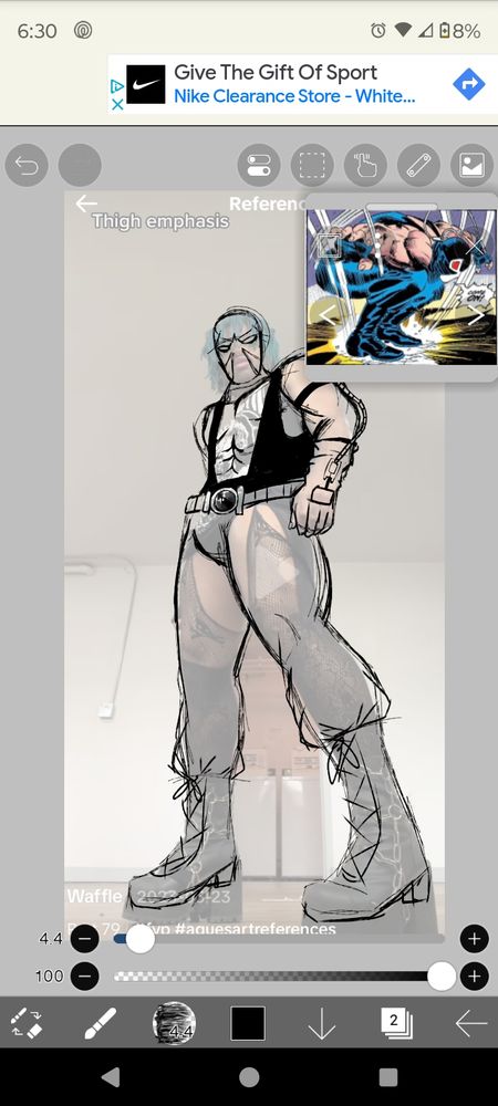 My work in progress art of Bane looking down at the Point Of View wearing an extremely low cut latex(?) top that goes to his abs, I'm not sure how to describe his belt, pants that are pretty form fitting around his thighs then get loose around his calves where his boots end. In the corner there's a reference window of a picture of Bane from the Vengeance of Bane comics. 
The pose reference is from waffles on tik Tok who makes pose references for artists, this picture specifically is thigh emphasis 