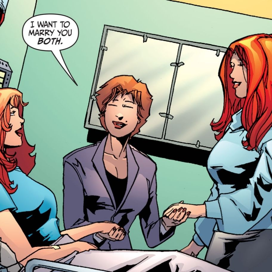 Scandal Savage telling her girlfriend (Liana) and her recently resurrected girlfriend (Kay) that she wants to marry them both from secret six comic 