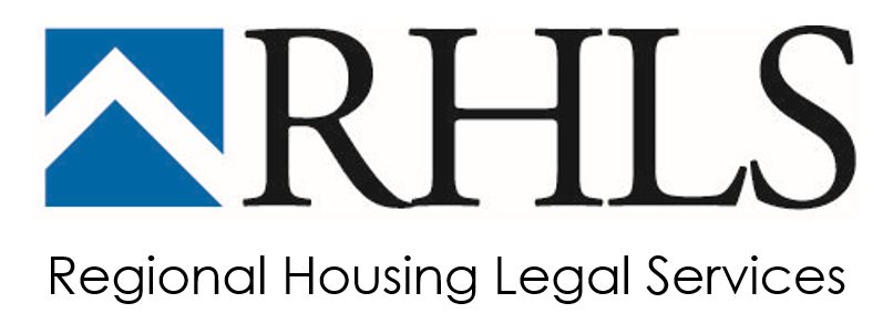 a logo: a cropped roof line in blue and white, in black letters "RHLS, Regional Housing Legal Services"