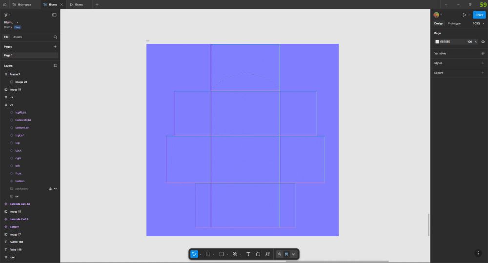 UV map layout of a box-shaped 3D object displayed in Figma, showing unfolded 3D surfaces in a cross pattern. Each face (top, bottom, left, right, front, back) is outlined and labeled with semi-transparent rectangles on a bluish-purple normal map background.