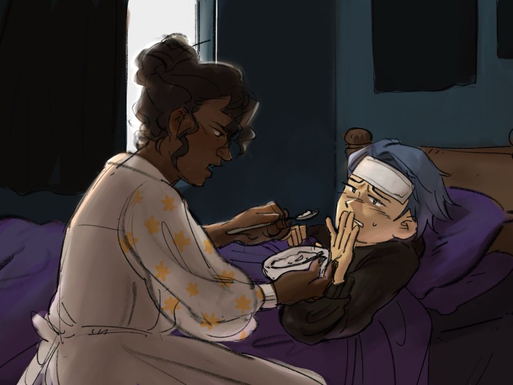 A scene of Sadie (on the right, in bed) getting sick and denying porridge from Mari (on the left, sitting) as Mari insists on feeding her.