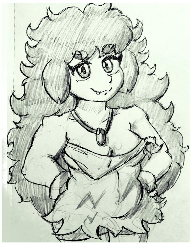 Very messy traditional doodle of Firga with her smock loosened at the top.