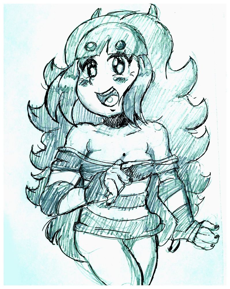 Quick traditional doodle of Yomi lowering her top suggestively, showing the mole above her left breast.