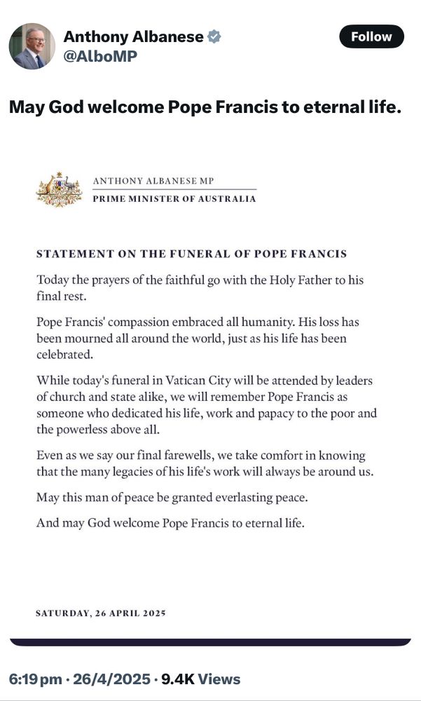 Statement from Labor PM Anthony Albanese asking ’god’ to welcome the dead pope to eternal life 