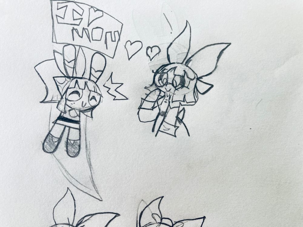 An sketch of blossom and her daughter bloom holding a sign saying I ❤️ mom