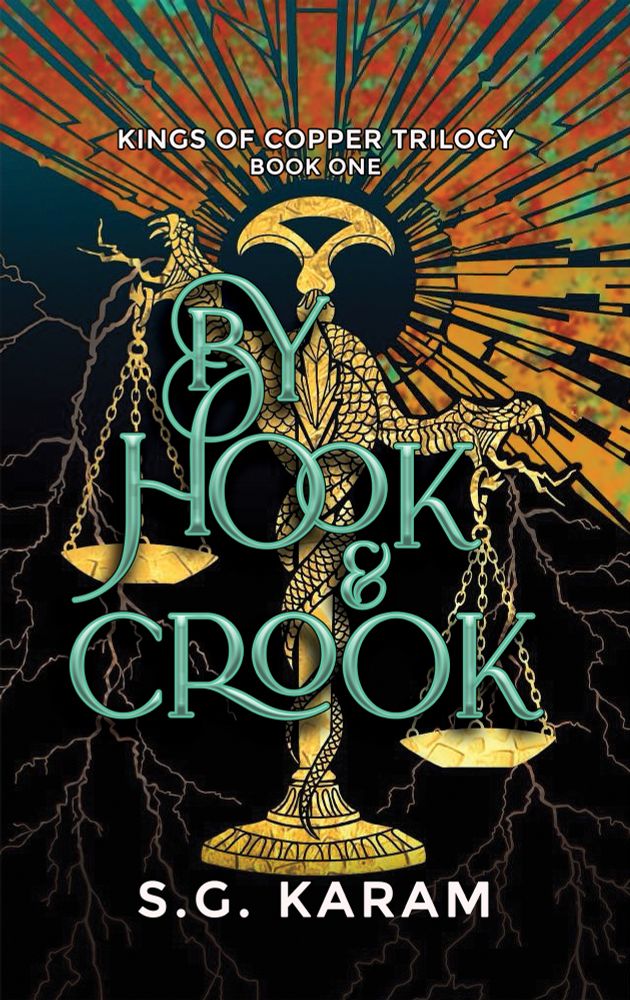 Cover of by hook and crook intricate weighing scales on dark background 