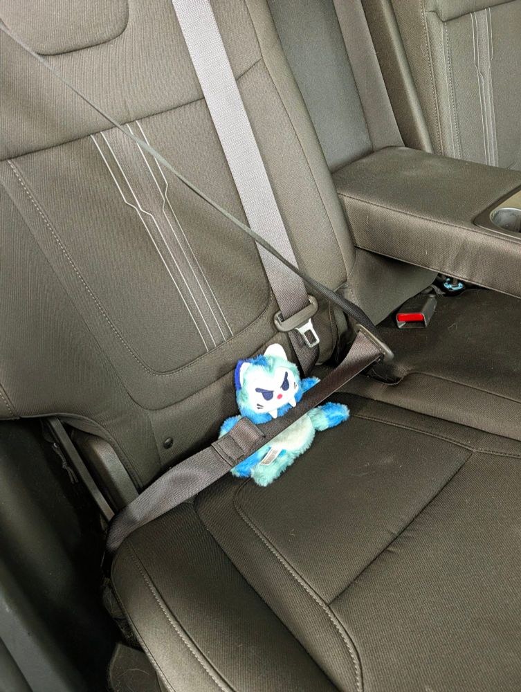 A barkbox toy of a blue saber that very closely resembles Remy after dying it's fur. He is buckled in the car with a seatbelt.