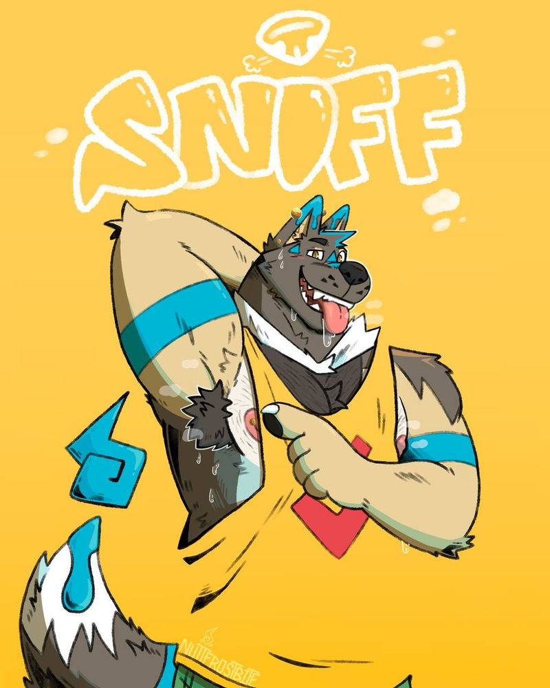 A redrawn photo of FrostBite exposing his armpit.
The word "Sniff" is drawn out in a graffiti style above head, with the dot of the i looking like a canine nose.
