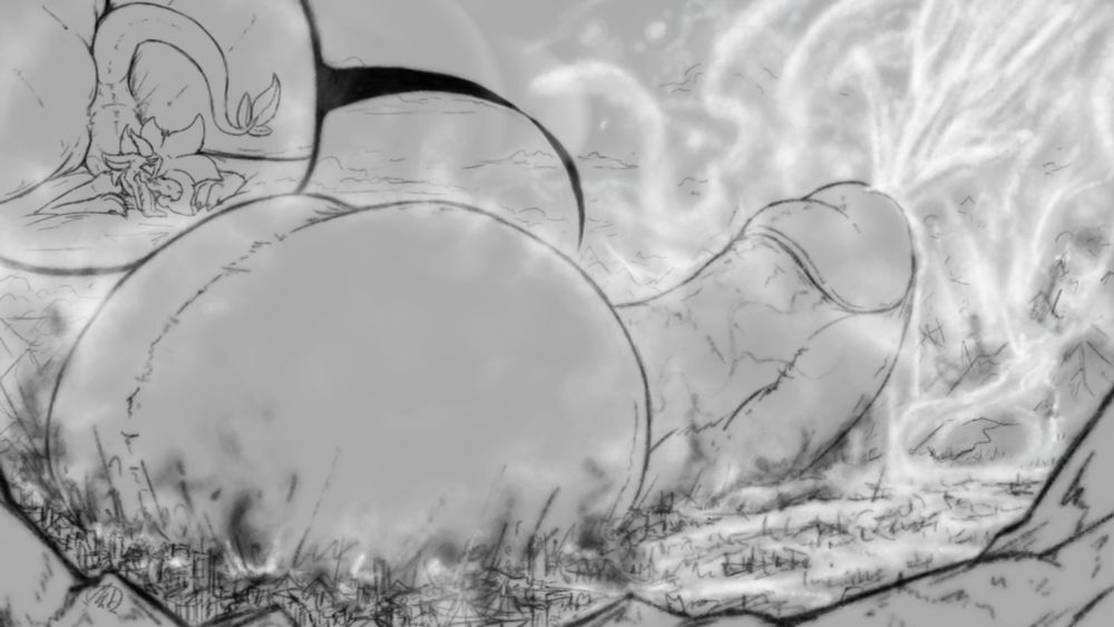 Continuation with his endowments burying a city beneath them, large amounts of cum blowing into the distance and raining down onto the landscape. A cutaway shows him looking pleasured, laying on his member, his butt so large to go out of frame.