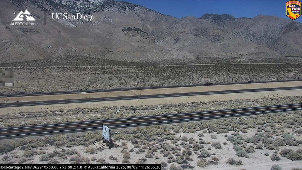 An image from AlertWildfire: Cartago 2, Inyo County, CA
🗺36.3224, -118.0261 🧭0° ⛰3622 ft
https://ops.alertcalifornia.org/cam-console/1884