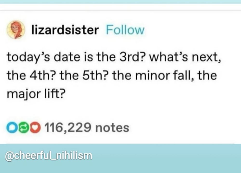 Image grabbed from Tumblr that says, "today's date is the 3rd? What's next, the 4th? the 5th? The minor fall, the major lift?"