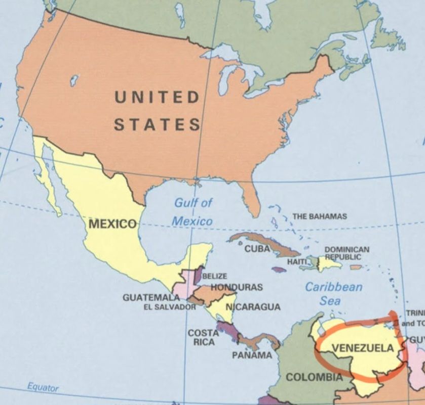 A map of a portion of North and South America depicting the distance between the U.S. and Venezuela. 