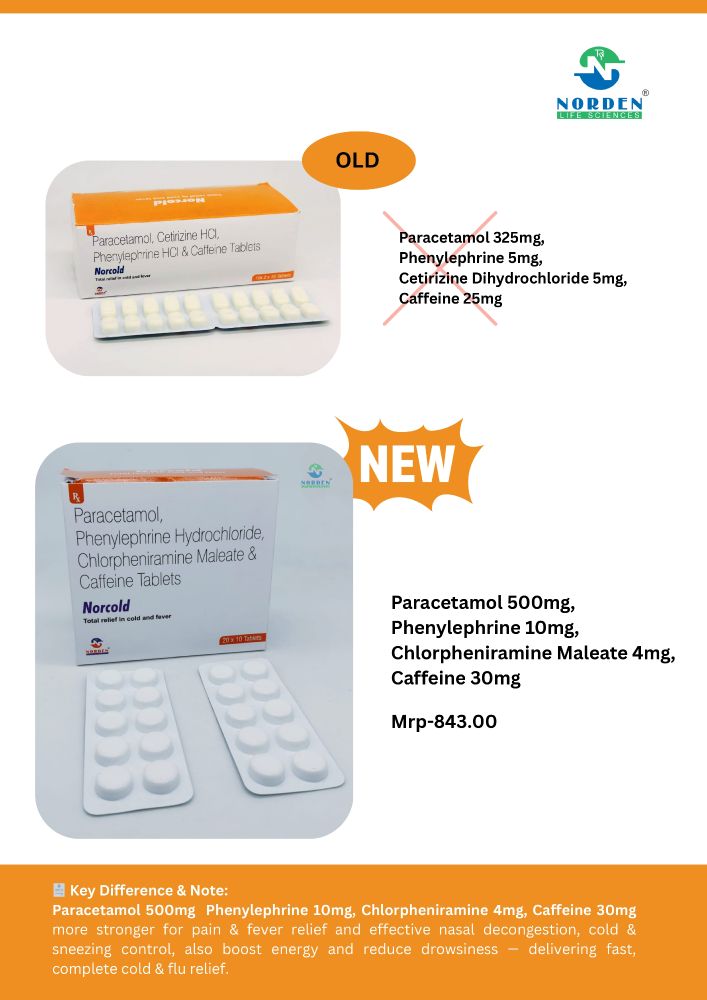 Comparison image showing old vs new Norcold tablet formulation by Norden Life Sciences highlighting increased ingredient strength.