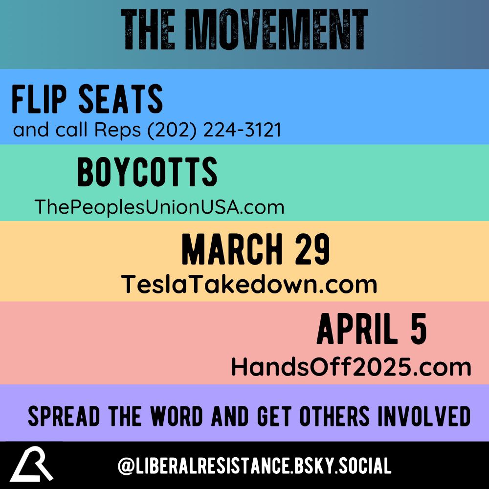 The image has a series of horizontal lines with different colors, each representing an element of the movement.

Top says “The Movement.”
Then:
1. Flip Seats.  
and call Reps, (202) 224-3121 
(in blue.)

2. Boycotts.
ThePeoplesUnionUSA.com
(in green.)

3. March 29th.
TeslaTakedown.com
(in yellow.)

4. April 5th.
HandsOff2025.com
(in orange.)

5.  Spread the word and get others involved.
(in purple.)

The bottom is a black banner with the liberal resistance symbol, a combination of an “L” and an “R,” in white, and the Bluesky handle:
@liberalresistance.bsky.social
