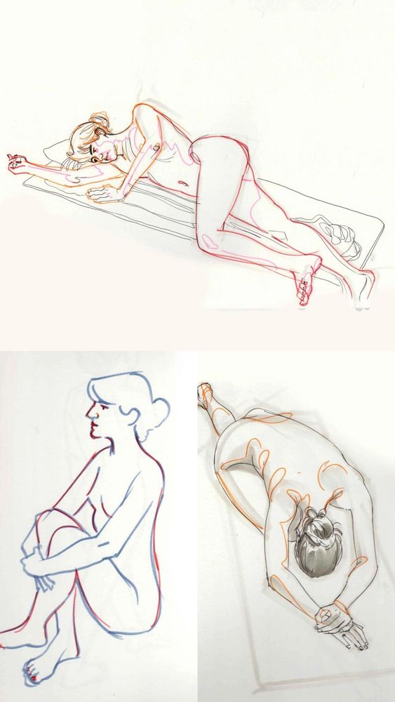 3 life drawings of a nude female model in mixed media.