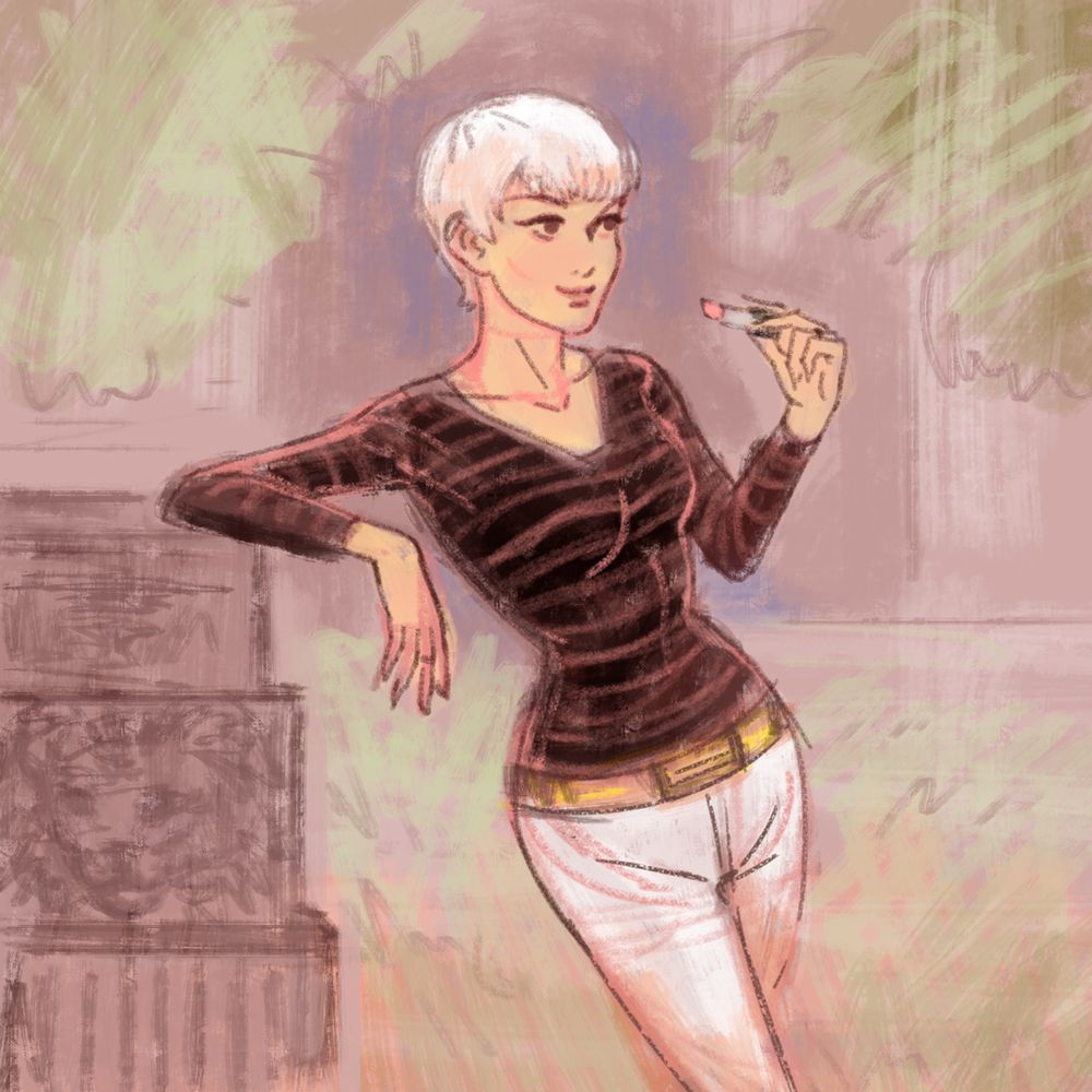 A woman with short hair leans against a stone pillar in a stripy top about to apply lipstick