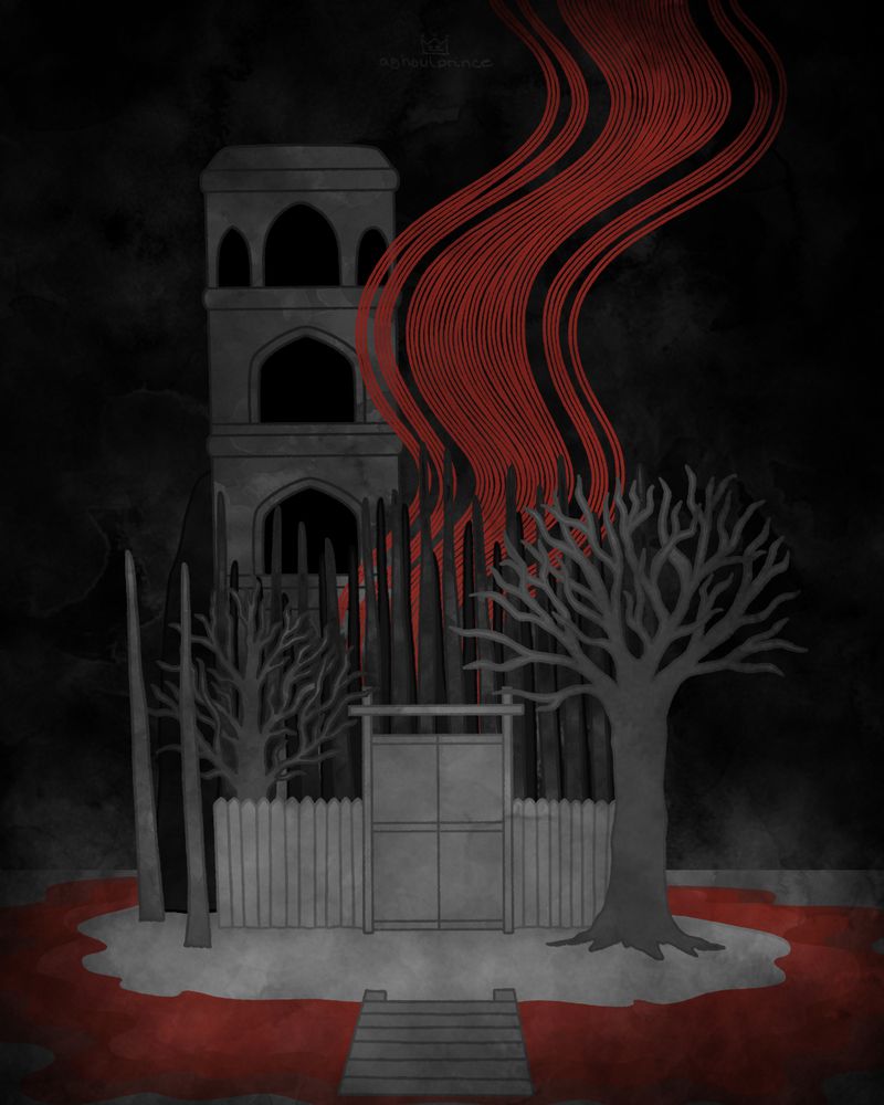 Black and white and red digital fanart of Rusty Lake Paradise.
Island with red around it's shore with a closed wooden gate leading into a forest. There's a big tower behind the forest and red smoke rising towards the sky.