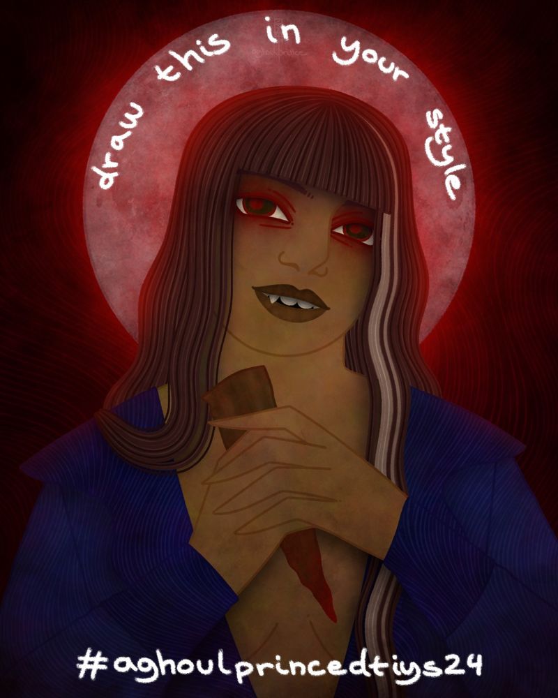 Digital art of a woman holding a wooden steak to her chest. She's smiling and you can see a fang. There's a red full moon shining behind her. 
Text is saying: draw this in your style and # aghoulprince dtiys 24