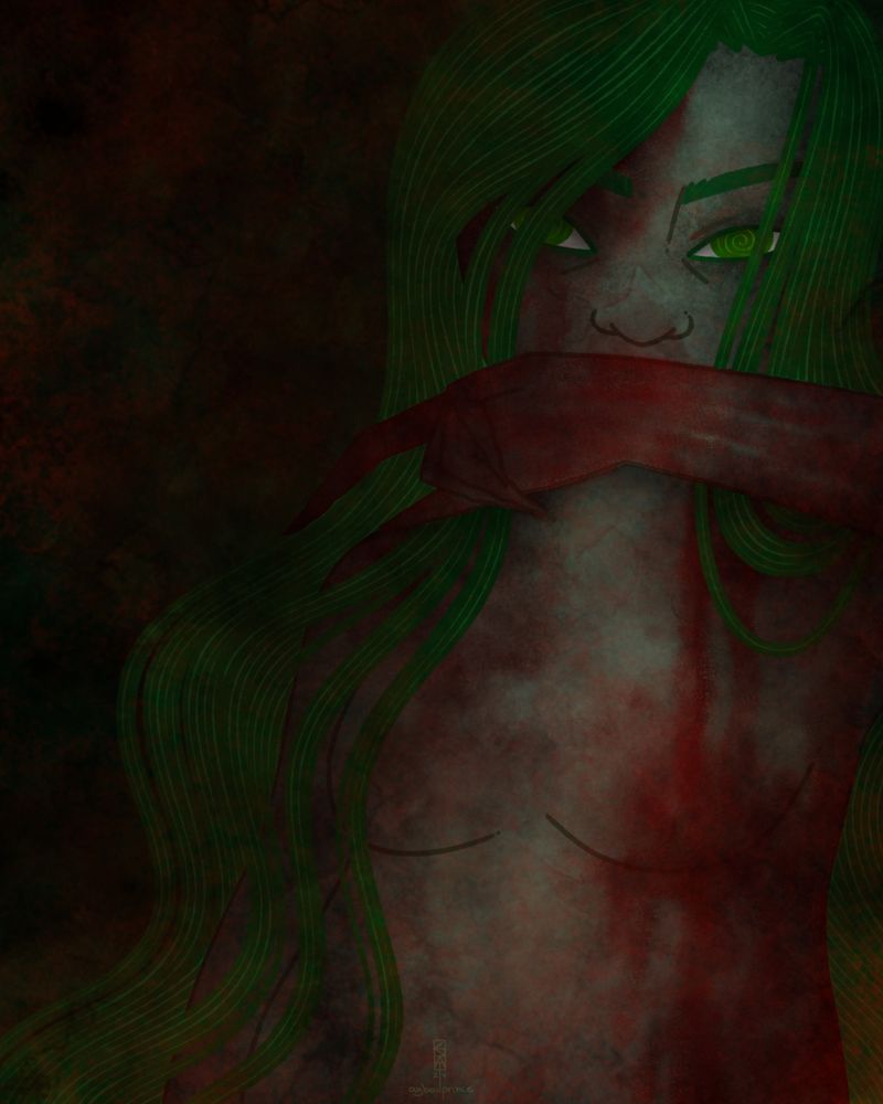 Digital painting of a naked vampire with long green flowing hair, covered in blood, covering her mouth with her hand.