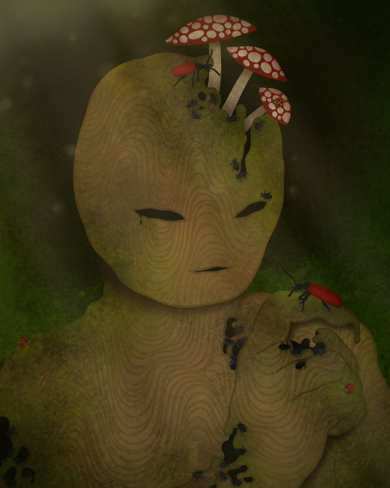 Digital art of androgynous golem in a constant state of decay and repair.
Mushrooms grow out of their cracked head with bugs crawling all around them. They are looking at a red bug that is on their up raised hand. 