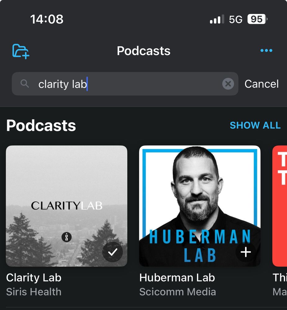 Screenshot from Pocket Casts on iOS showing the podcast search results page for the term Clarity Labs with the correct result shown next to Huberman Lab podcast. 