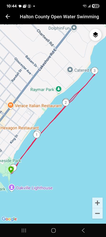 Lake Ontario swim route from Oakville, 3km.