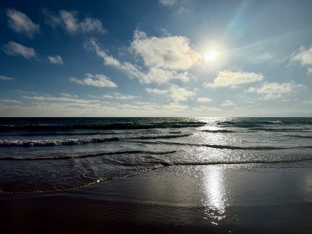 late afternoon sun, low over the ocean with the horizon exactly centered. waves almost black from the contrast, they peter out onto the sand in the foreground. a few light puffy clouds dance across an intensely blue sky 