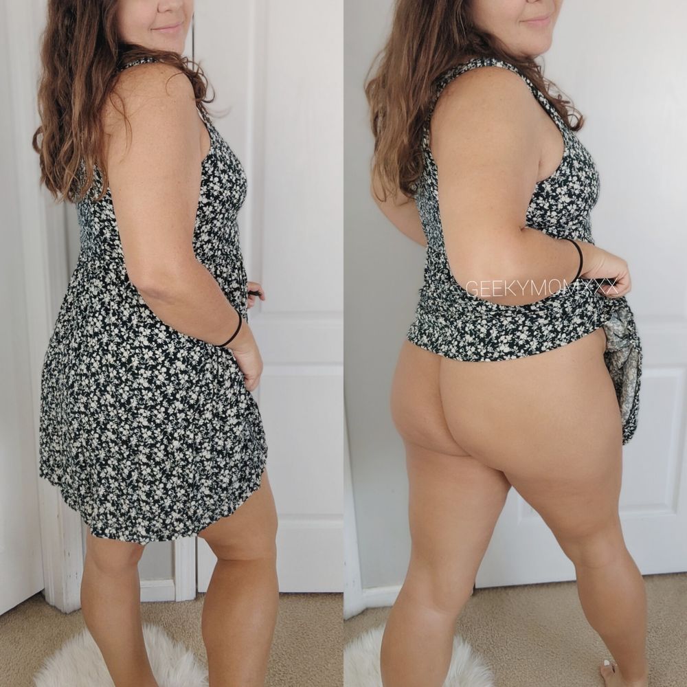 Side by side pics of me in a green and white floral sundress turned to the side, first one innocent, second one dress lifted to reveal bare bum.