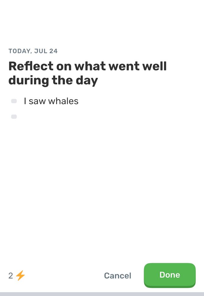 A screenshot of the Finch app that says “Reflect on what went well during the day”
“I saw whales” 