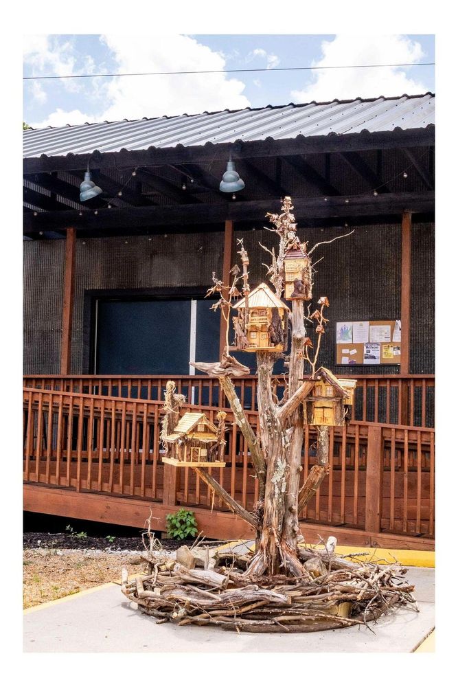"Tiny Houses in the Big Woods" by Damian Hoffman
Crafted from found objects in nature including wood, bark roots, mosses, lichen, vines, copper and repurposed mica. The base is a nest of twigs & sticks holding a small cut tree. Within the tress short branches are beautifully crafted miniature homes delicately standing on the edges.