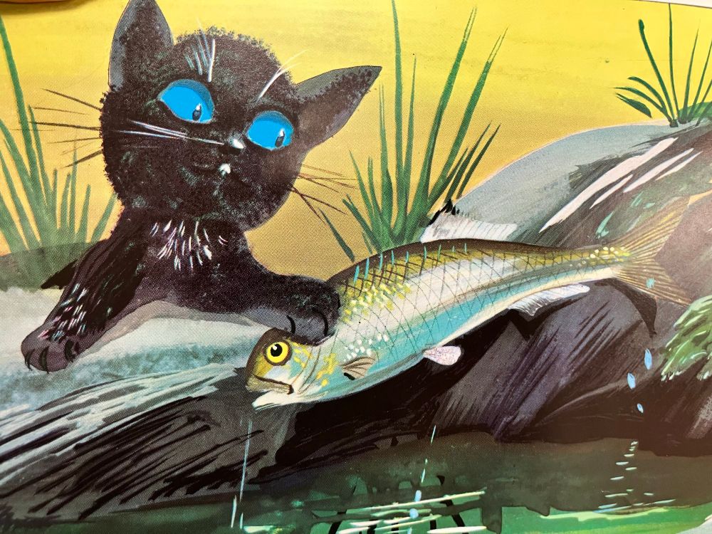An illustration of a black kitten with big blue eyes grabbing a fish out of the water 